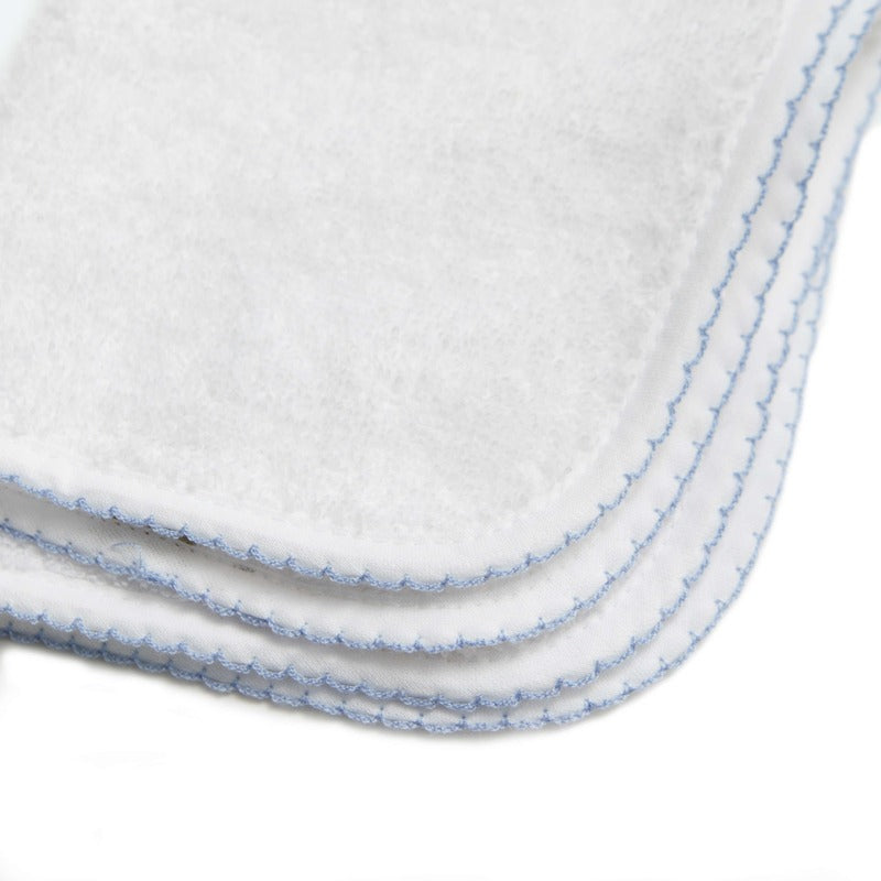 Personalize Me: Classic Washcloth with Blue Trim detail. Multiple are stacked on top of one another