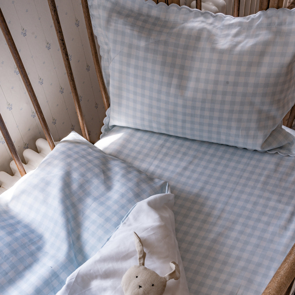 Blue Gingham in Crib Sheet with Toddler Pillow 