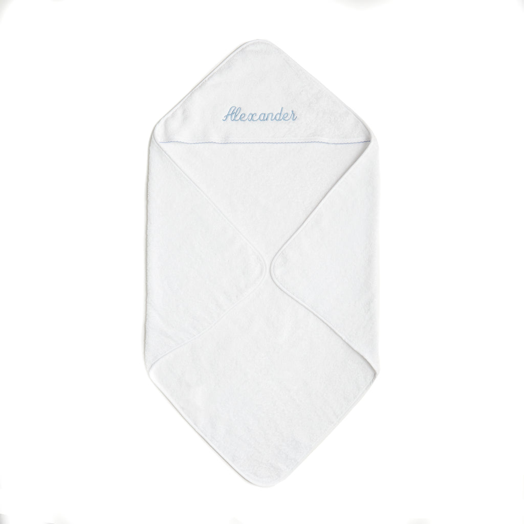 Personalize Me: Baby Hooded Towel with Blue trim detail. Towel can be personalized with childs name.
