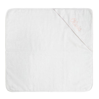 Baby Hooded Towel with Pink trim detail. Towel laying flat. Towel can be personalized with childs name.