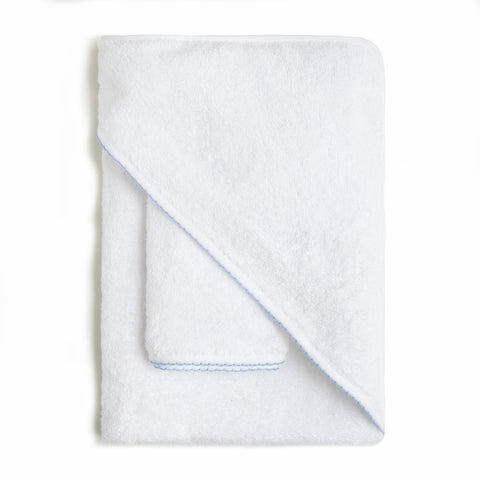 Baby Hooded Towel with Blue Trim detail. Towel is folded with washcloth.