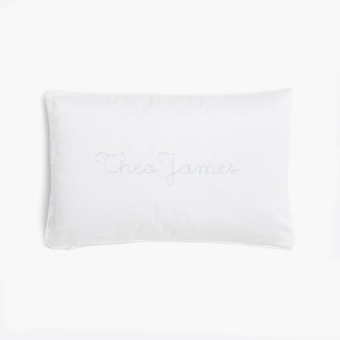 Toddler Pillow in Coastal Stripes in Blue  back side with the monogram "Theo James"