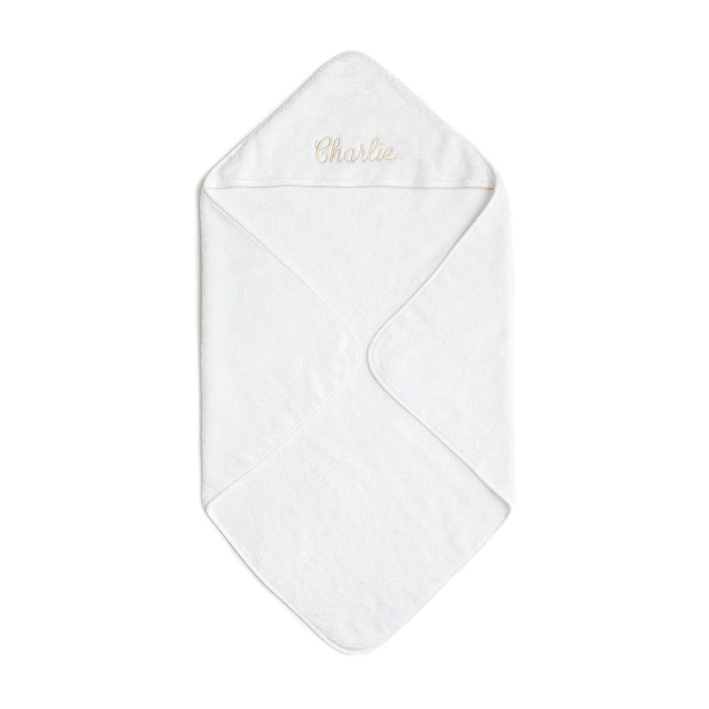 Baby Hooded Towel with Beige trim detail. Towel can be personalized with childs name.