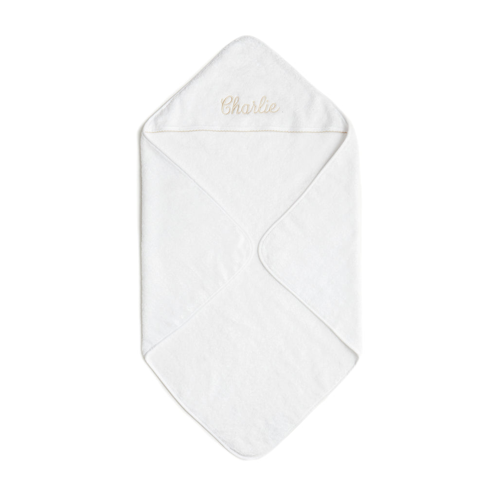 Personalize Me: Baby Hooded Towel with Beige trim detail. Towel can be personalized with childs name.