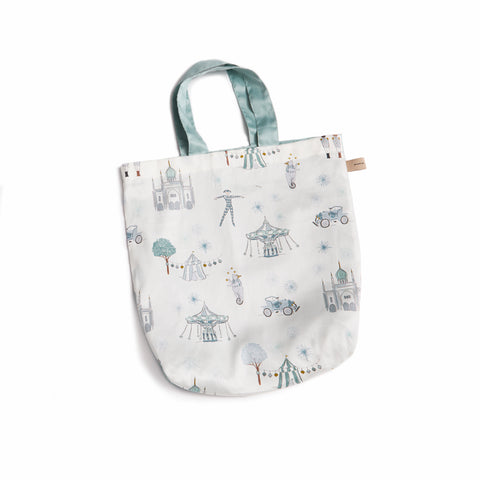 Tote Bag in Adventures in Wonderland print in Aqua. Tote bag  is included with Play Mat