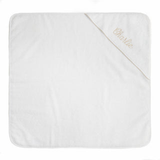 Baby Hooded Towel with Beige Trim detail. Towel is laying flat. Towel can be personalized with childs name.