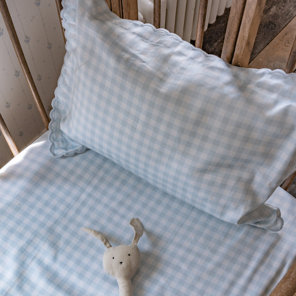 Up close toddler pillow details in Blue gingham