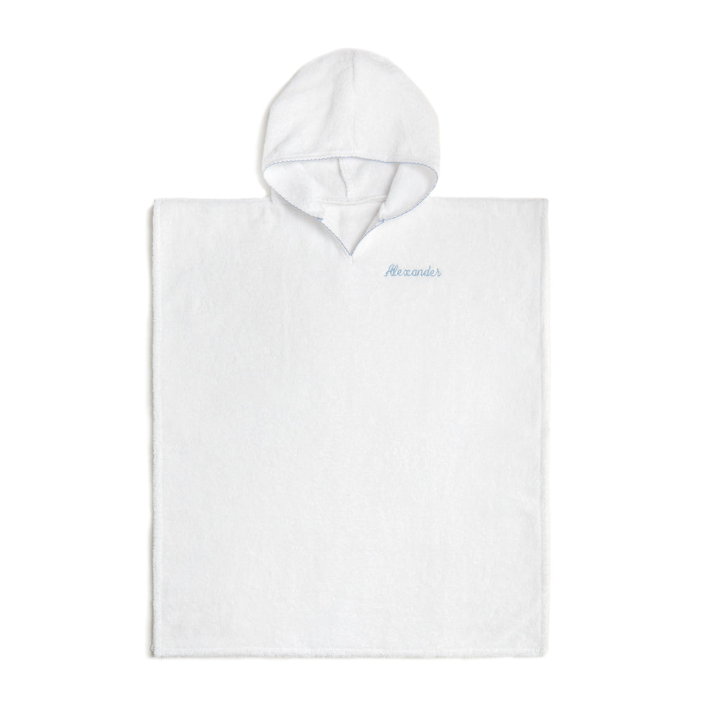 Personalize Me: Toddler Hooded Poncho with Blue Trim Detail. Poncho can be personalized with childs name.