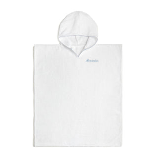 Toddler Hooded Poncho with Blue Trim Detail. Poncho can be personalized with childs name.