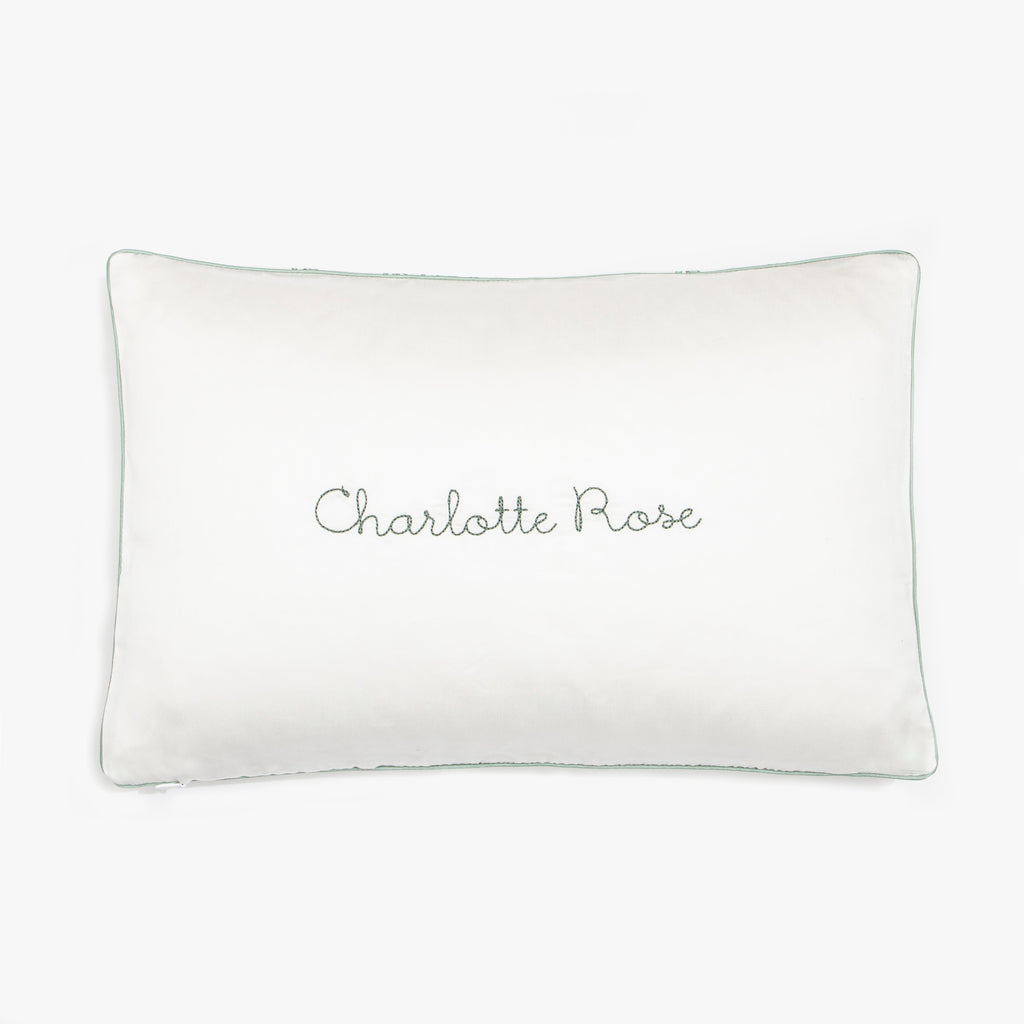 monogram "Charlotte Rose" on "Secret Garden" Toddler Pillow in color ivory