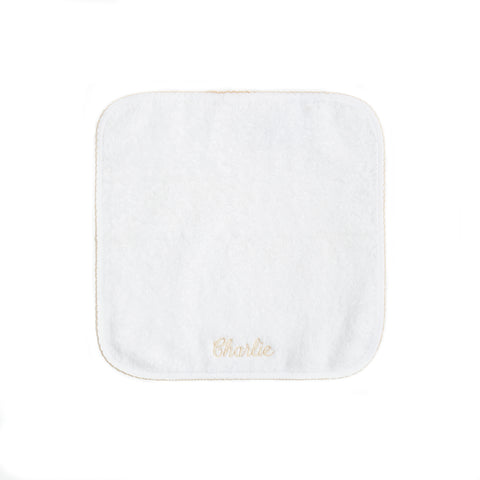 Classic washcloth with Beige trim detail. Washcloth can be personalized with childs name.