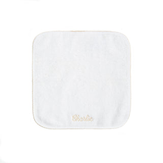 Classic washcloth with Beige trim detail. Washcloth can be personalized with childs name.