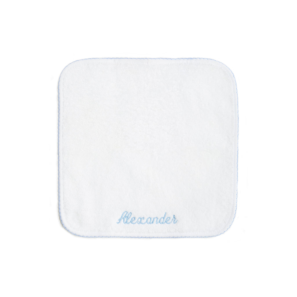 Classic washcloth with Blue trim detail. Washcloth can be personalized with childs name.