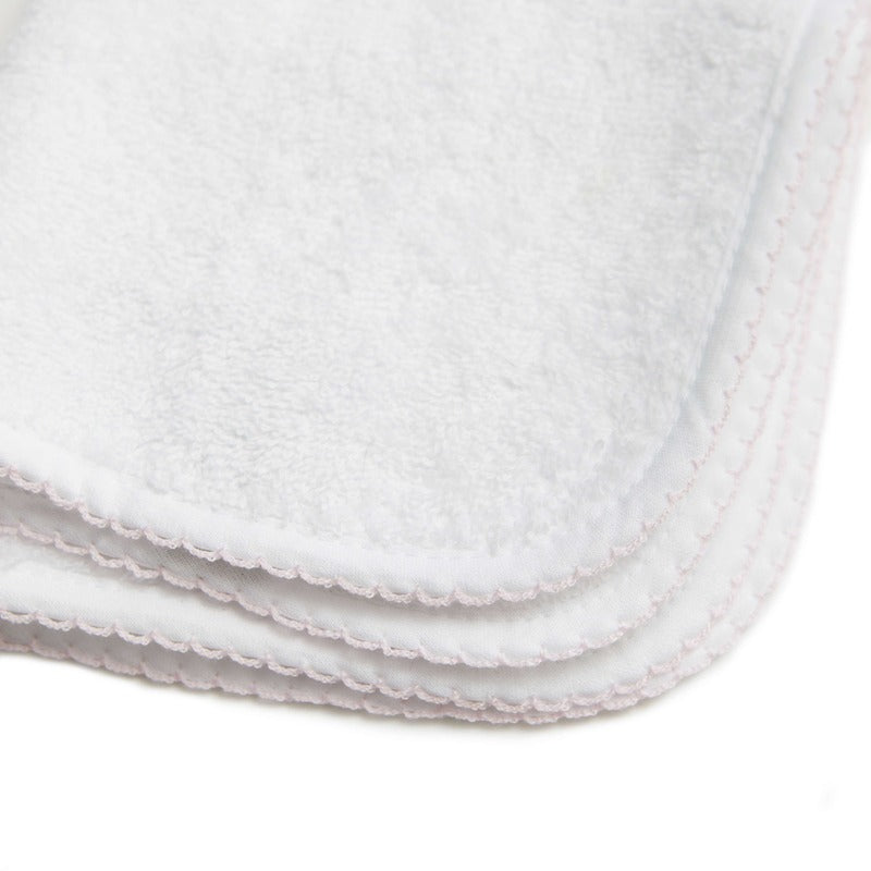 Personalize Me: Classic Washcloth with Pink Trim detail. Multiple are stacked on top of one another