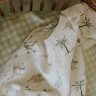 Swaddle in Dino Dreams laying in crib