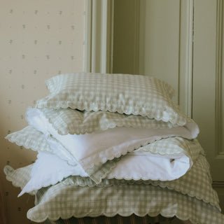 Picnic Gingham Green stacked pile of pillows and duvets
