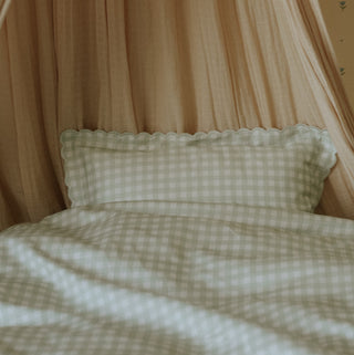 Picnic Gingham Green Toddler Duvet with Toddler Pillow in bed