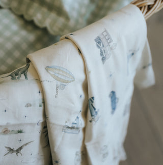 Swaddle in Transit Treasures hanging over crib