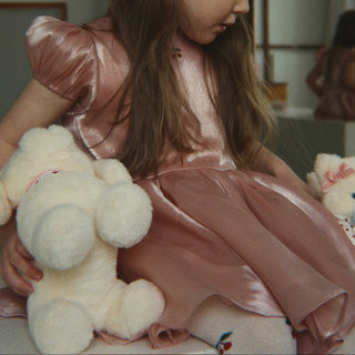 Little girl in a pink dress holding the puppy bag.