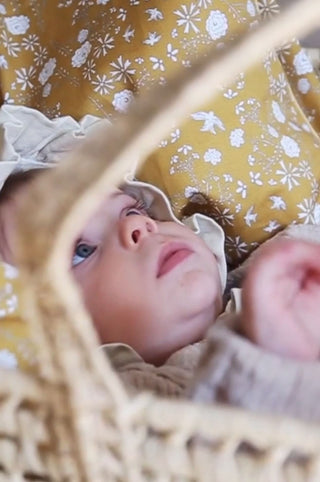 Baby laying in a basket on top of a Gooselings patterned blanket