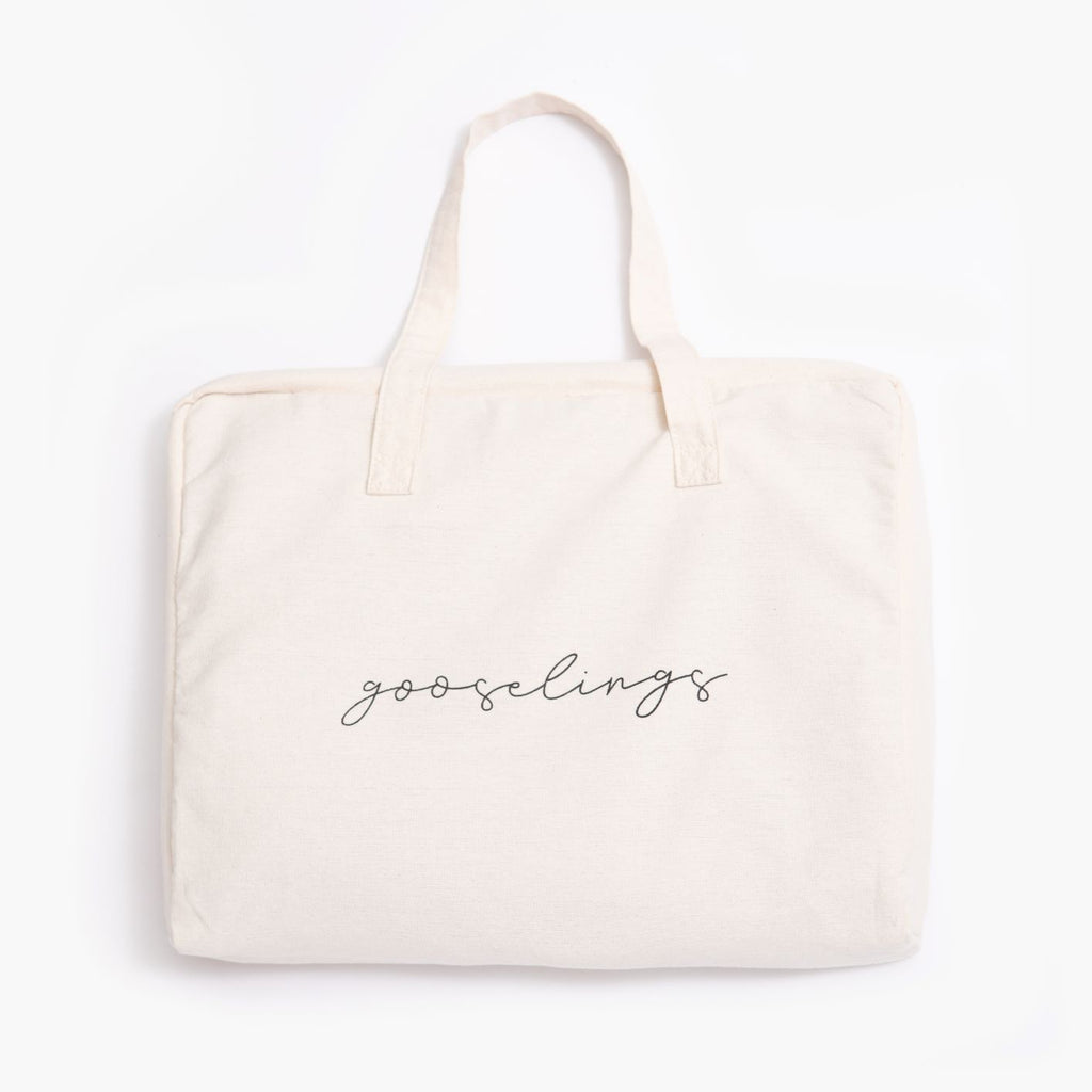Canvas tote bag included with the Toddler Duvet Down Insert, with the text of logo across "gooselings"