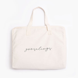 Canvas tote bag included with the Toddler Duvet Down Insert, with the text of logo across "gooselings"