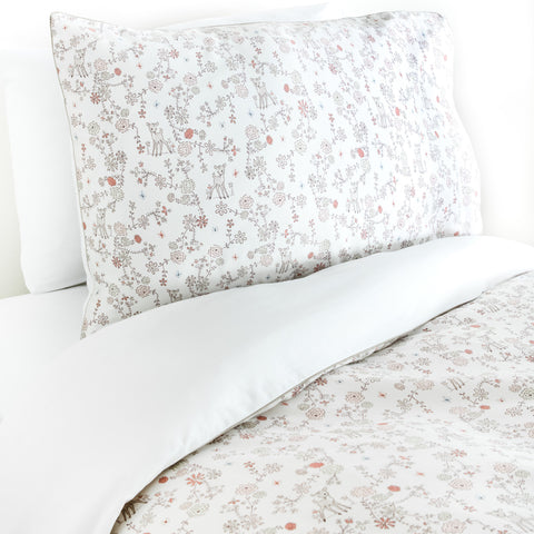 Twin duvet sheet set in the "Into The Woodlands" print in the color ivory, the set includes a duvet cover and a standard pillowcase