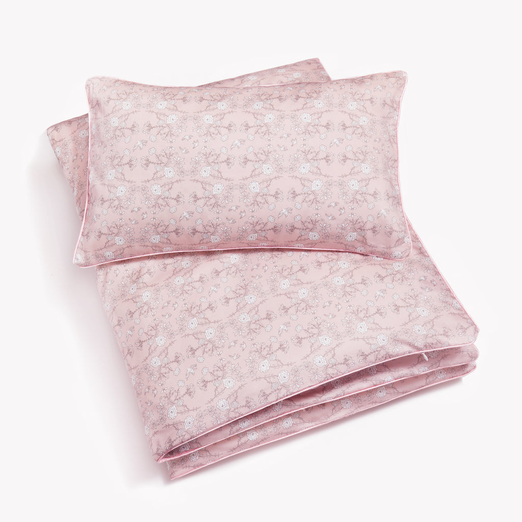 Toddler Duvet in Bird's Song Pink with Pillowcase on top
