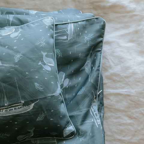 Corner of toddler pillow in Never stop exploring sea print