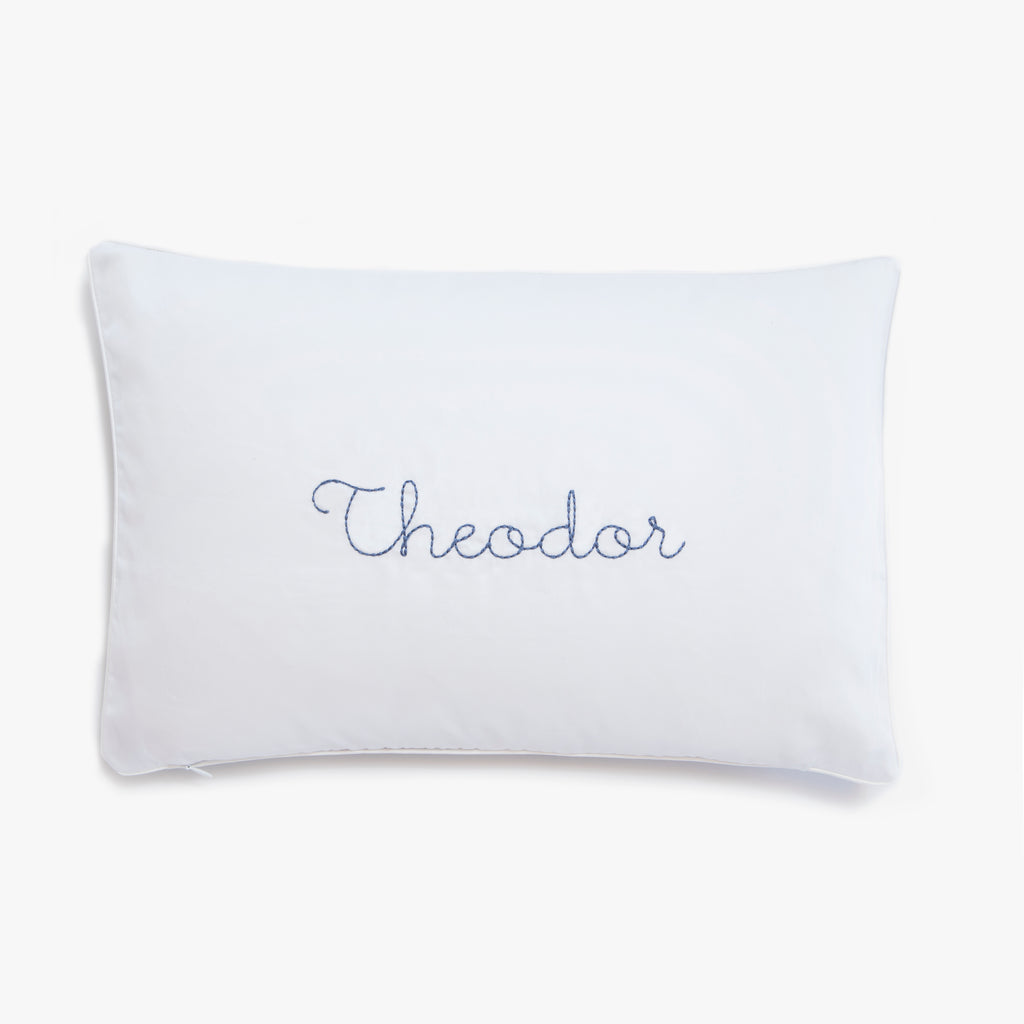 monogram Theodor on the  "Once Upon A Time " Toddler Pillow in color blue