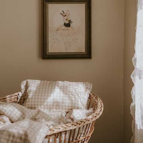 Crib Styled in the Picnic Gingham Print in the Crib Sheet, Baby Duvet, and Toddler Pillow in Beige Color
