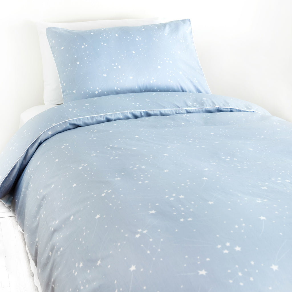 Twin duvet sheet set in the "Once Upon A Time" print in the color blue, the set includes a duvet cover and a standard pillowcase