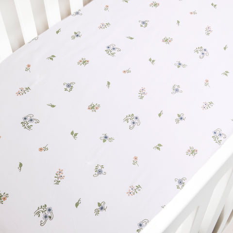 Crib Sheet in the Fleur and Stripe Print with Multi color flowers in Ivory