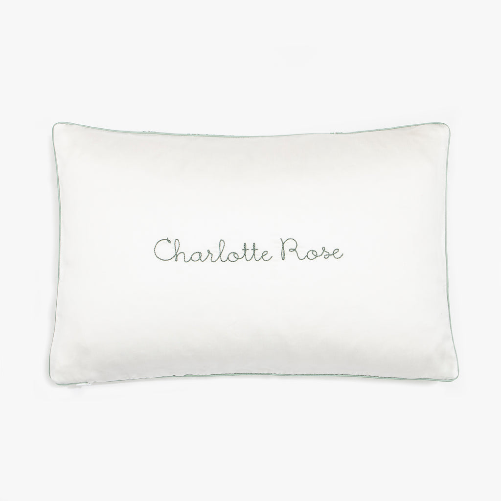 monogram "Charlotte Rose" on "Secret Garden" Toddler Pillow in color ivory