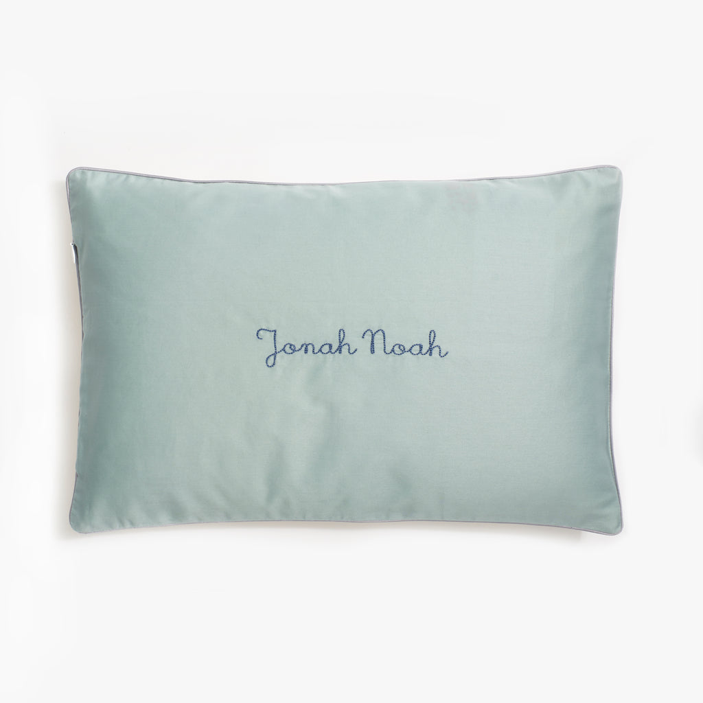 monogram "Jonah Noah" on "Adventures in Wonderland " Toddler Pillow in color aqua