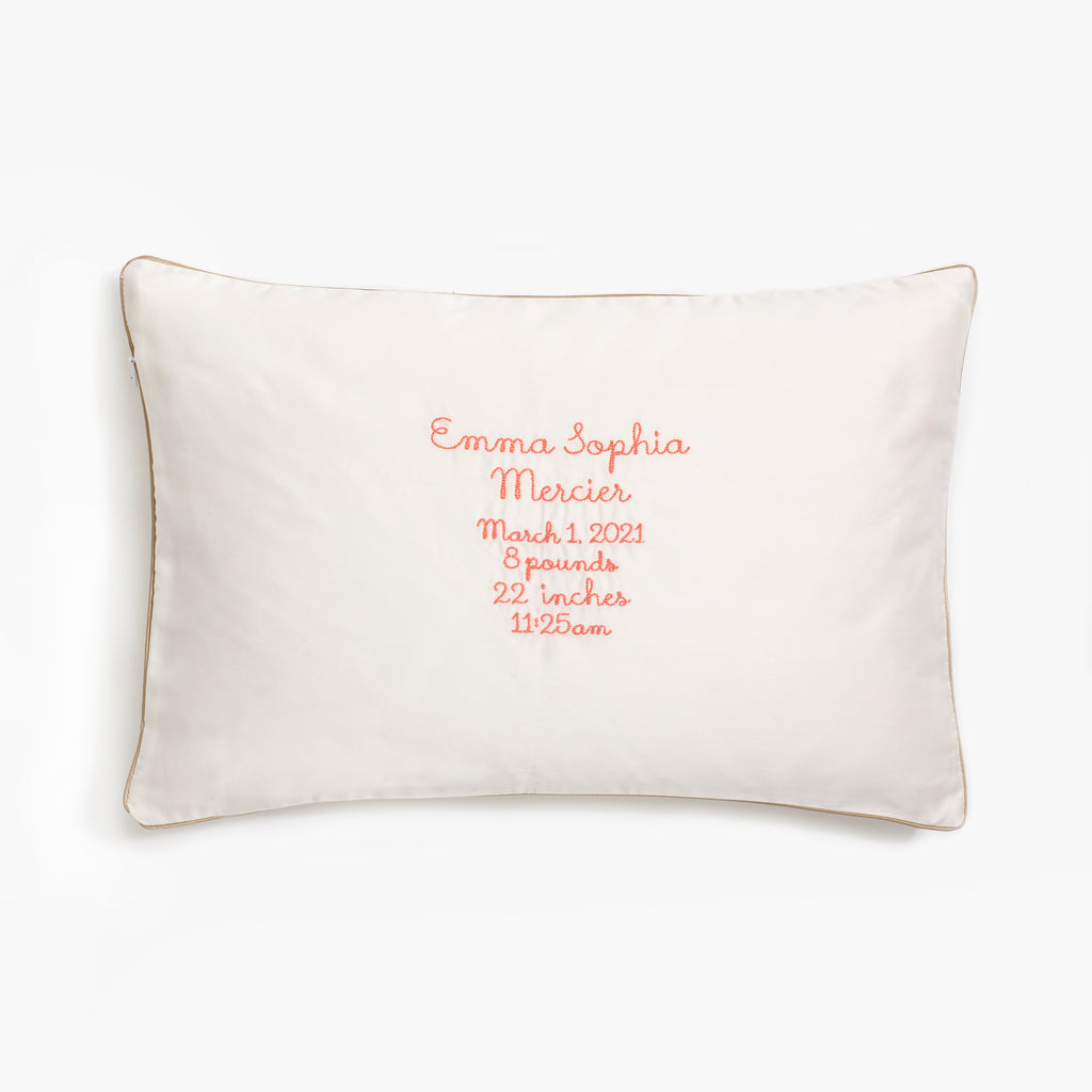 monogram "Emma Sophia Mercier March 1, 2021 8 pounds 22 inches 11:25 am" on "Into The Woodlands " Toddler Pillow in color ivory