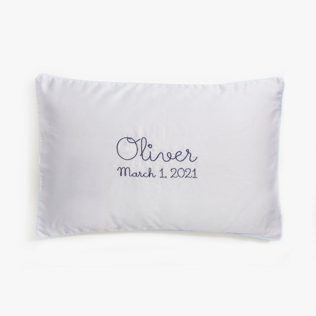 monogram "Oliver March 1, 2021" on "Touch The Sky" Toddler Pillow in color blue