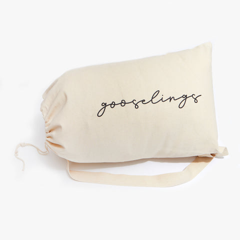 Duffle Drawstring Bag included with the Twin Down Duvet Insert with the text of the logo across "gooselings"