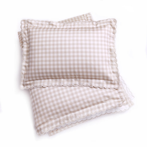Toddler Duvet and Pillow in the Picnic Gingham Print in Beige Color