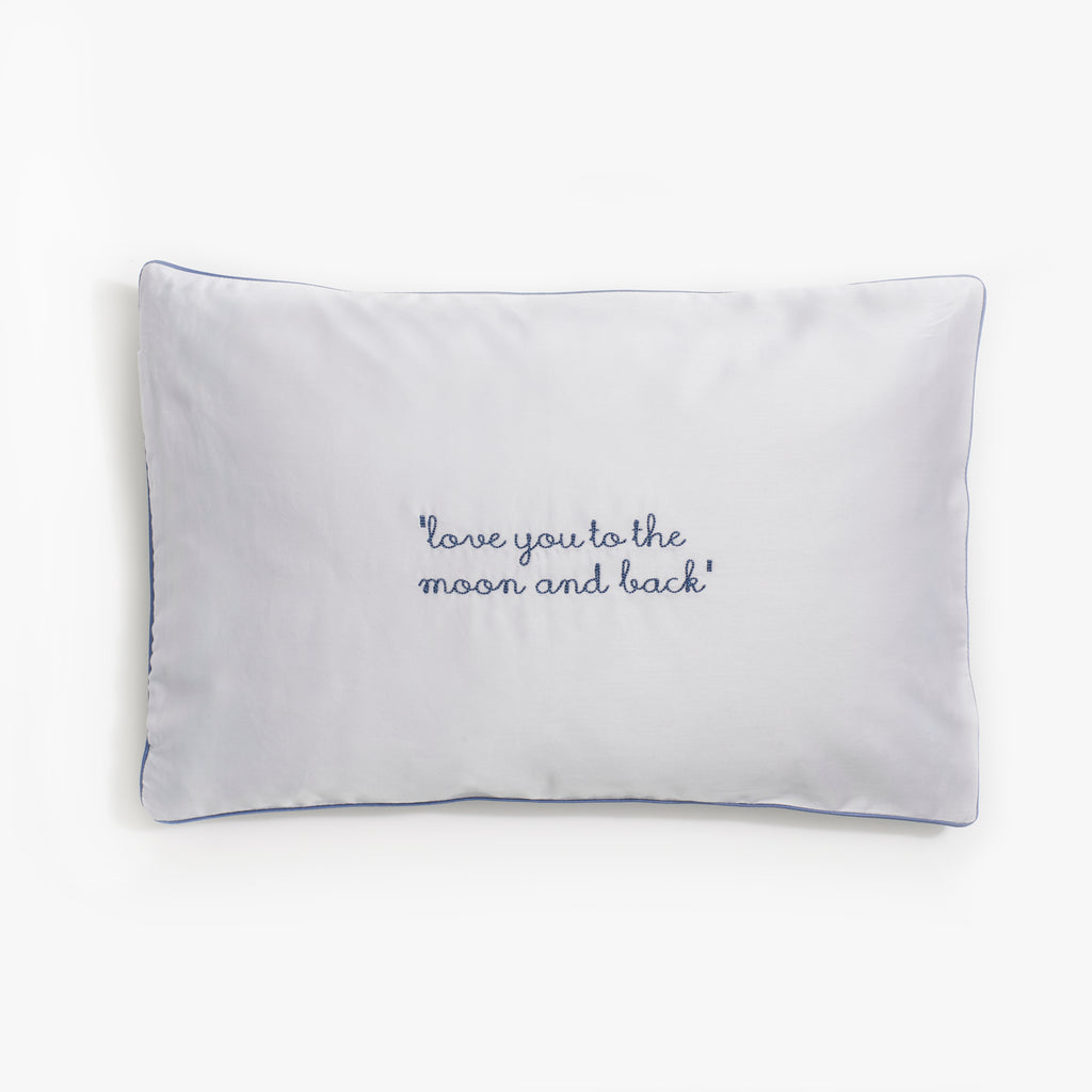monogram "love you to the moon and back" on "Into the Woodlands " Toddler Pillow in color blue