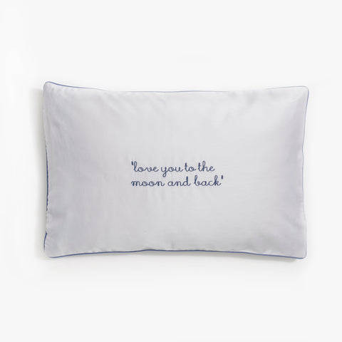 monogram "love you to the moon and back" on "Into the Woodlands " Toddler Pillow in color blue