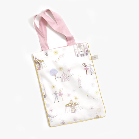 Printed tote bag is including with bedding in "Adventures in Wonderland" print in the color rose