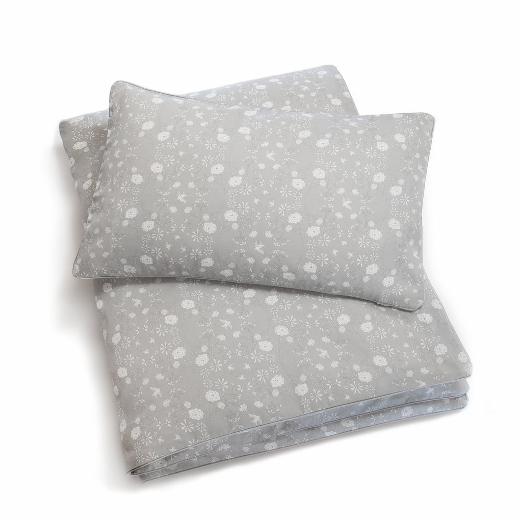Personalize Me: Toddler duvet in the "Bird's Song" print in the color grey, with the matching toddler pillow