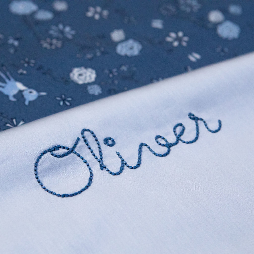 monogram "Oliver" on "Into The Woodlands " on baby duvet in color blue