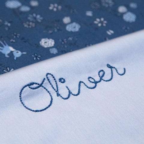 monogram "Oliver" on "Into The Woodlands " on baby duvet in color blue
