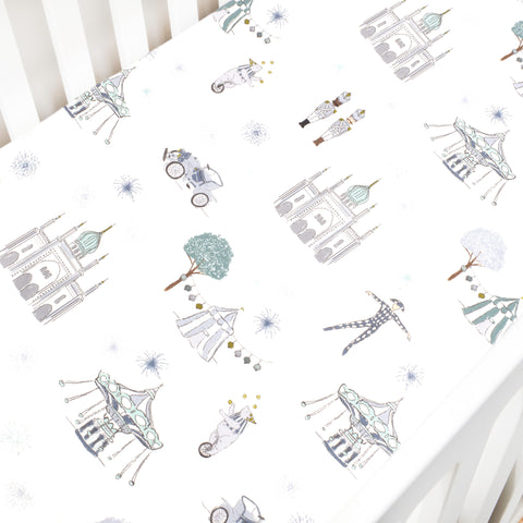 Crib Sheet in "Adventures in Wonderland" print in the color aqua featured in a crib